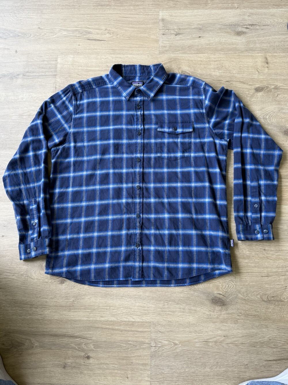 Patagonia Fjord Flannel Shirt Mens XL Blue Gray Plaid Organic Cotton